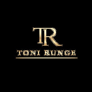 Toni Runge logo featuring gold monogram TR initials and text on black background