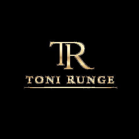 Toni Runge logo featuring gold monogram TR initials and text on black background